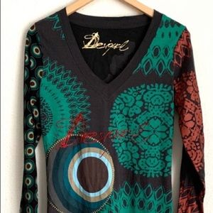 Desigual V neck printed tie drop waist tunic top
